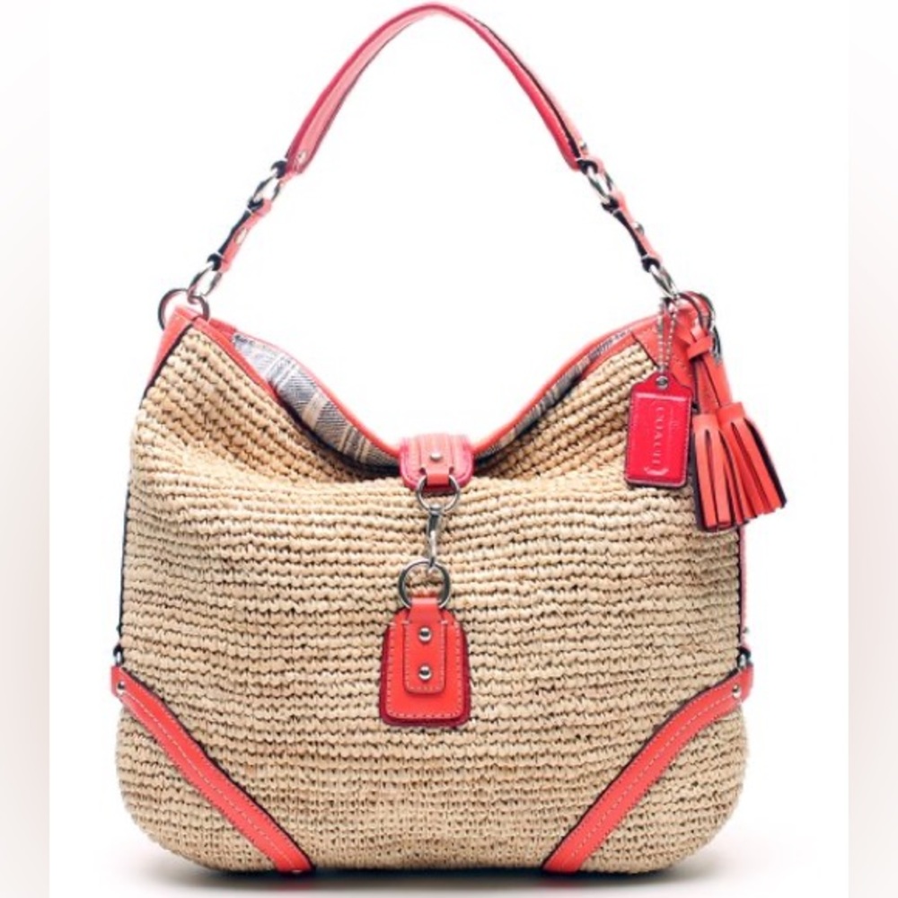 Coach Coral Straw Dog Leash Hobo Bag Purse 22906 Beachy Summer Like New